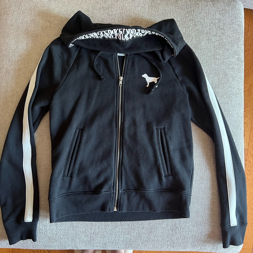 Black Hoodie with Dog Logo and White Stripe